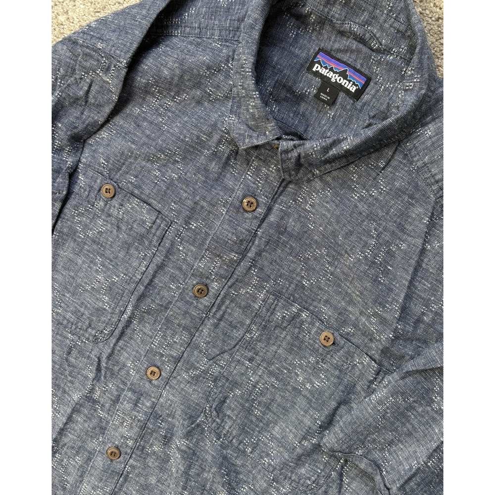 Patagonia Mens Large Back Step Button Up Shirt Blue Geometric Hemp Organic